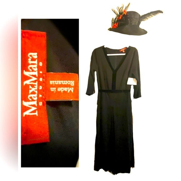 Authentic Designer Max Mara studio black dress with velvet details pleated skirt