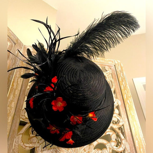 🖤 Rare Edwardian FORBUSITE black formal hat feathers floral mesh retro gothcore