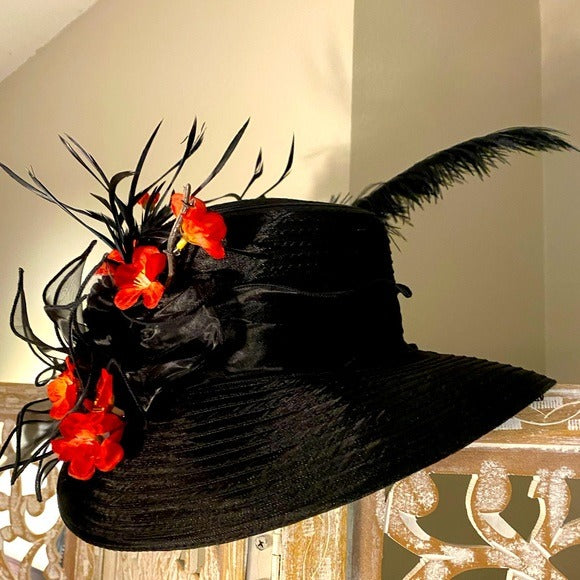 🖤 Rare Edwardian FORBUSITE black formal hat feathers floral mesh retro gothcore
