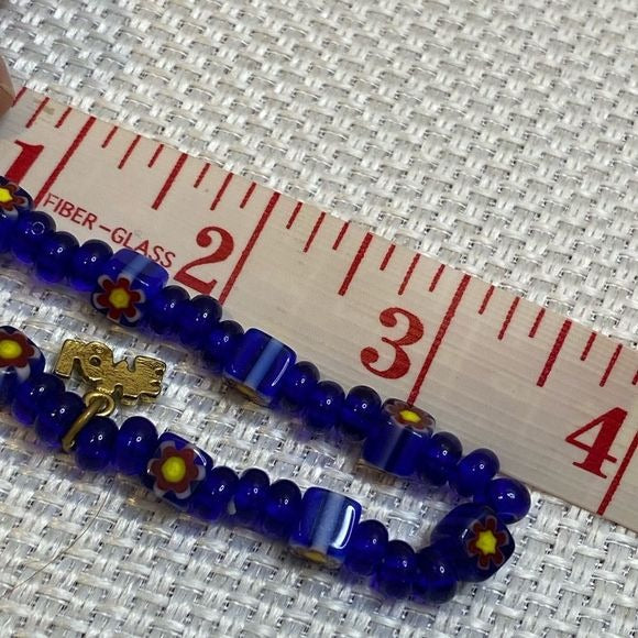 Cobalt blue floral glass beads stretch bracelet love charm