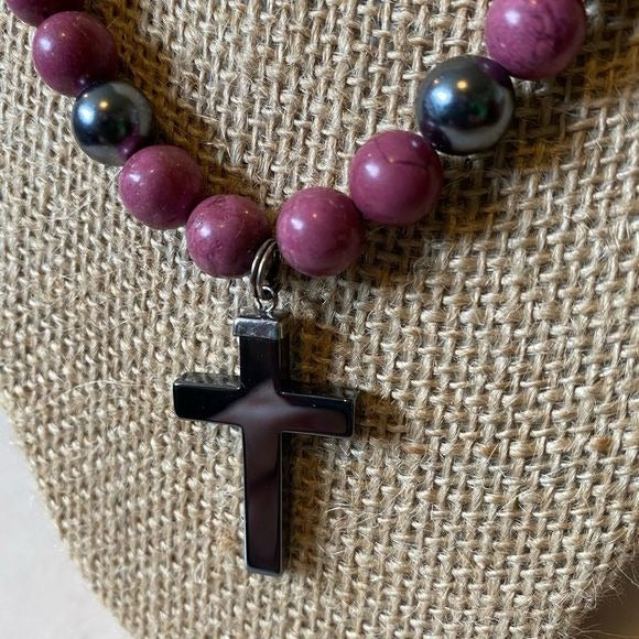 Religious Jesus cross natural stone with natural stone beads and faux pearl