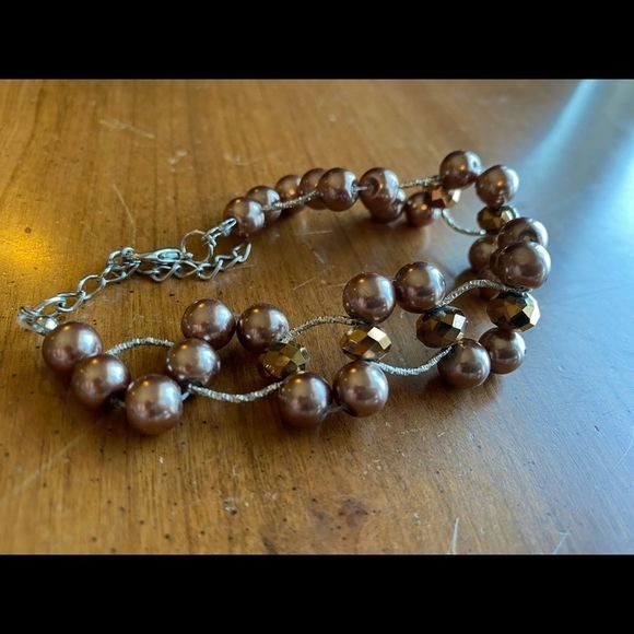 Chocolate beads faux pearl bracelet etched metal