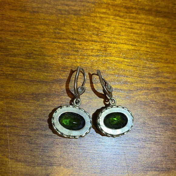 Green glass and metal dangle earrings #