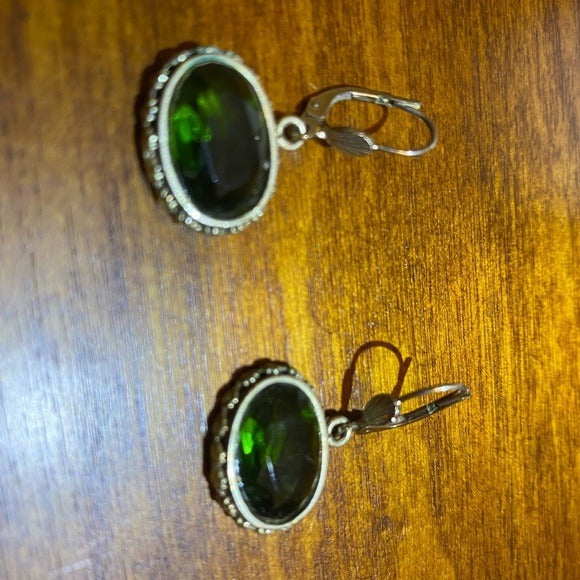 Green glass and metal dangle earrings #
