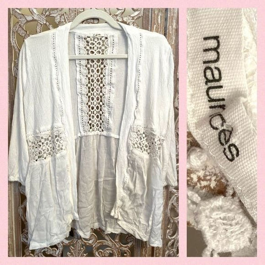 Maurices white lace brick brak open duster style cardigan size m