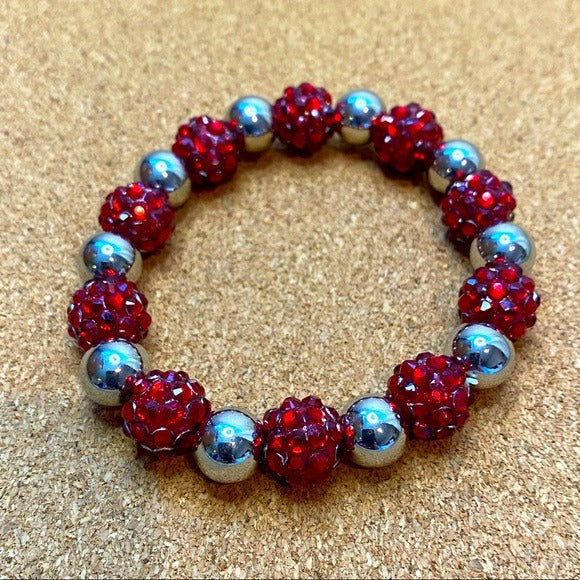 Red and silver beaded bracelet looks like candy or delicious berries