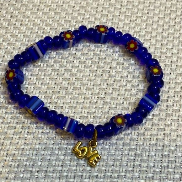 Cobalt blue floral glass beads stretch bracelet love charm