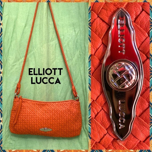 Elliott Lucca orange leather woven crossbody bag
