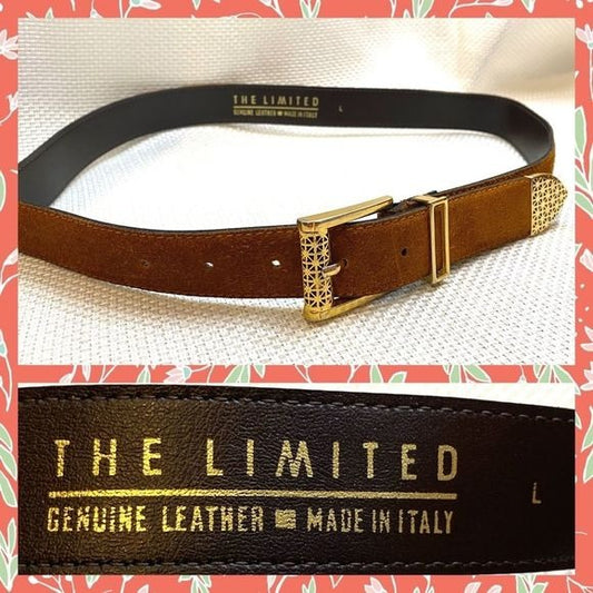The limited vintage tan suede belt with golden buckle made in Italy Large