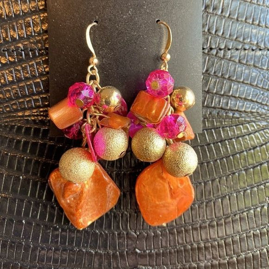 Tropical shell golden bead dangle earrings colorful bright vacation