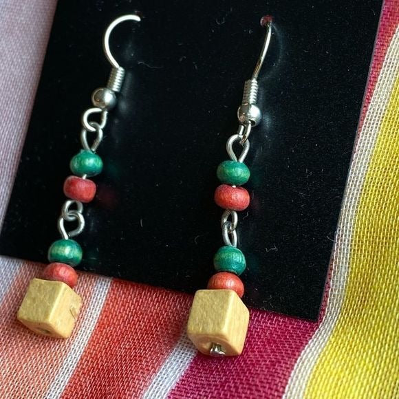 Bohemian tribal red and green beaded dangle earrings