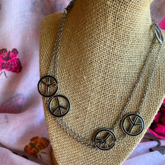 Peace symbol chain station necklace very long black enamel boho hippie